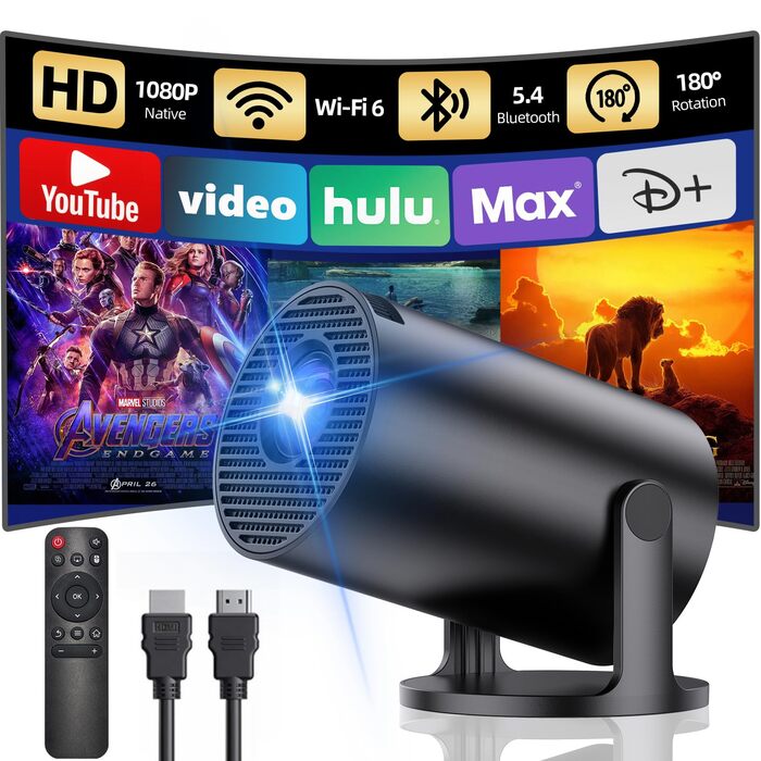 Портативний проєктор Yoton Mini Beamer Wi-Fi6/Bluetooth 5.4 з бездротовою трансляцією екрану (Android/iOS), підтримка 1080P, автоматична корекція трапецеїдальних спотворень, HDMI, Native 720P, білий (чорний)