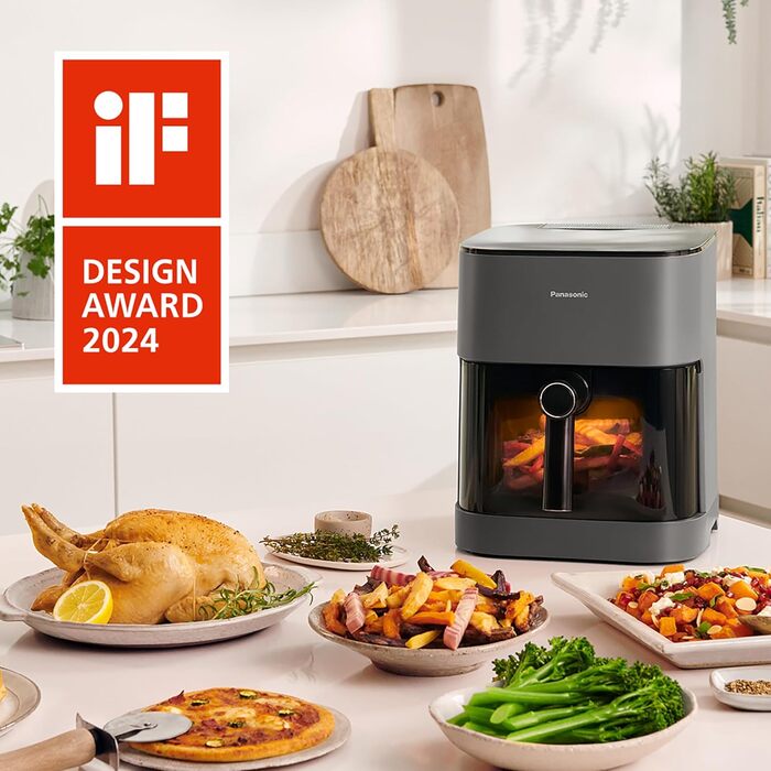 Panasonic NF-CC500SXE Air Fryer with Viewing Window, 5 L, 80–200 °C, Digital Timer & LCD Display, Gentle Steam Injection, 11 Presets, Easy Cleaning, Matte Grey