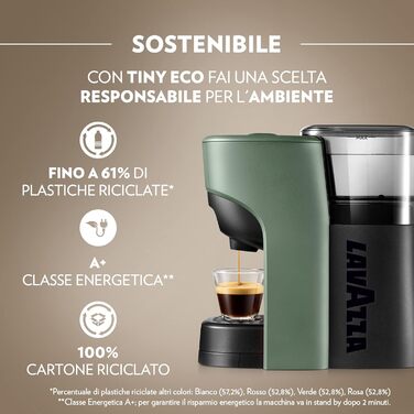 Lavazza, A Modo Mio Tiny Eco Green Coffee Machine with 64 assorted capsules, espresso machine made from recycled plastic, 1450 W, 220-240 V, 50/60 Hz, 0.6 Liter