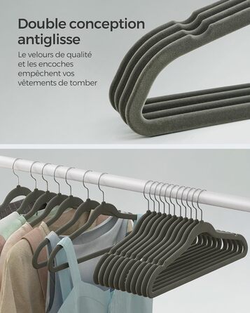 Плечики SONGMICS для одягу, 20 шт., велюрові, для сорочок, жакетів, костюмів, 41.5 см, обертовий гачок, сірий