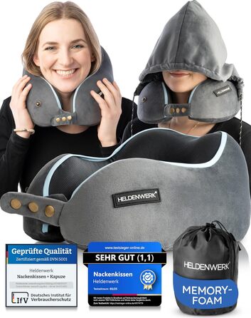 Подушка для шиї Comfy від HELDENWERK для подорожей: Memory Foam, 6-позиційне регулювання, для автомобіля та літака, дихаюча, миється, сірий