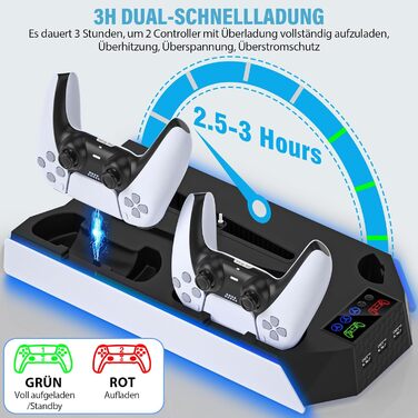 Підставка для PS5 Slim/Pro з зарядною станцією для контролера PlayStation 5 (Disc/Digital), аксесуари PS5 з RGB підсвіткою, вентилятор, тримач для навушників, USB хаб, чорно-білий, Q511