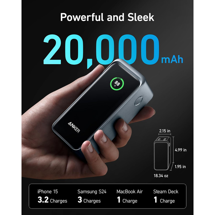 Power Bank Anker Prime 200W, 20000 mAh, Чорний: Швидка зарядка для iPhone, Samsung, MacBook та ін.