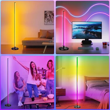 LED торшер для вітальні 145 см RGB, диммування, керування пультом/APP, 16 млн кольорів, 300 режимів, музичний режим, DIY, чорний