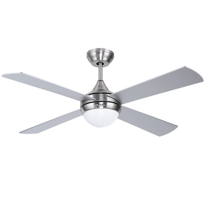 Стеляний вентилятор Ovlaim 122 см з LED-підсвічуванням та дистанційним керуванням, коричнева лампа, 6 швидкостей, DC мотор, тихий, для спальні/тераси (сріблястий)