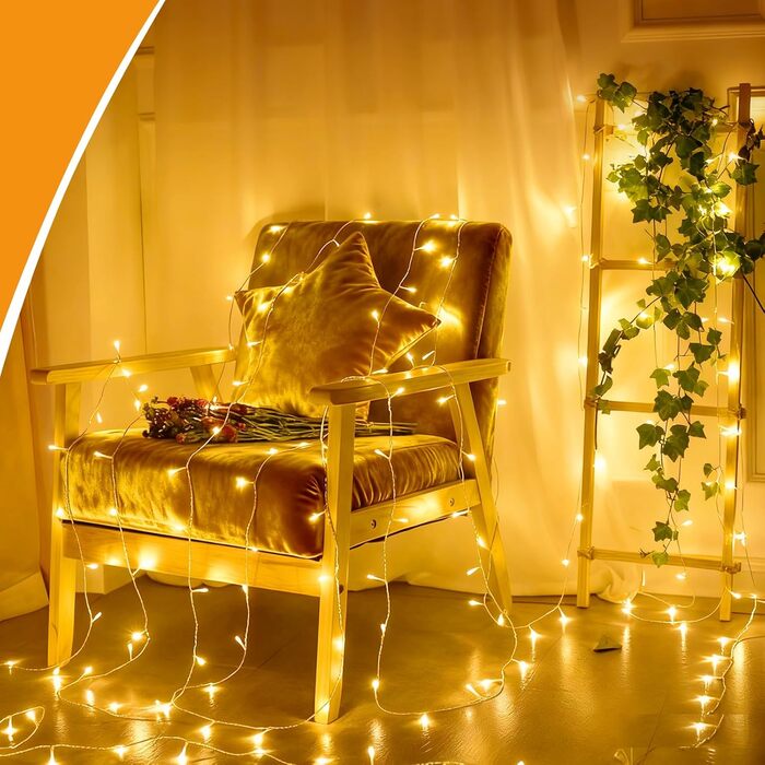 Ланцюжок прикрас для дому та саду на батарейках, 30м, 300 LED, з таймером, 8 режимів, тепле біле світло, вологостійкий, для декору кімнати, вечірки, балкону, ялинки