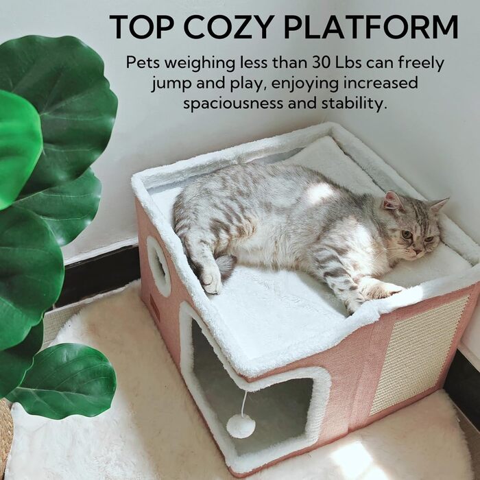Spindro Cat Cave Cat Bed Large, Cat House Indoor Cat Sleeping Place with Removable Sherpa Cat Cushion and Hanging Toy, Cat Bed, Light Grey 42x42x33cm (2 level (42cmx42cmx33cm), Pink)
