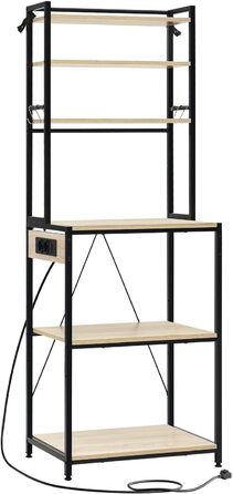 Кухонна полиця WOLTU з 6 ярусами, з розетками, для мікрохвильової печі, з металевим каркасом, регульовані полиці, Чорний+Рустикальний коричневий, 60 x 167 x 40 см