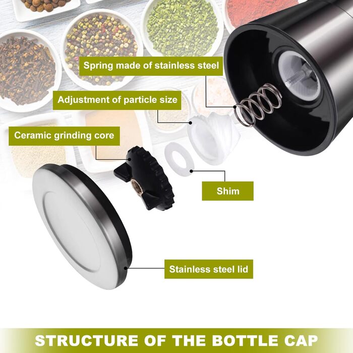 Набір меланець для солі та перцю (2 шт.) з регульованим керамічним млинком, 180 мл. Меланець для перцю, солі та чилі, ручний, для різних спецій.