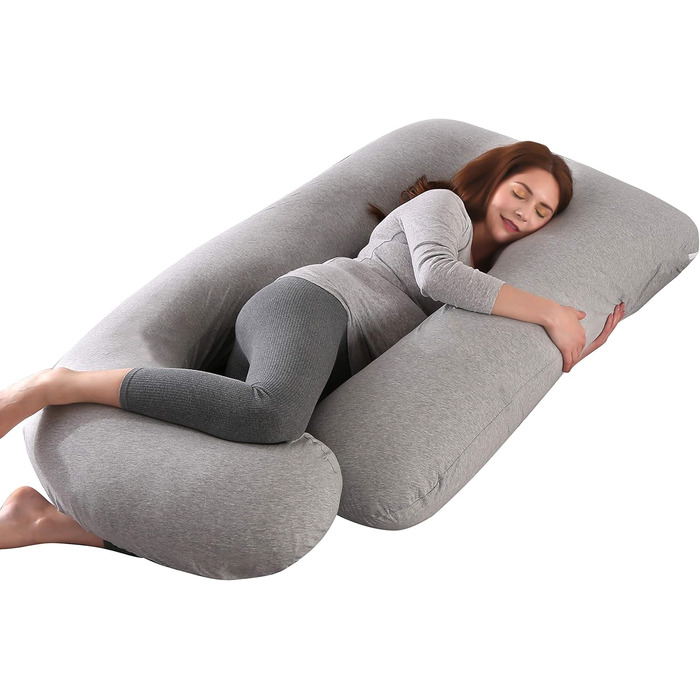 Mingfuxin Pregnancy Pillow, Large J-Shaped Full-Body Maternity Pillow with Removable Velvet Cover for Sleeping and Feeding (Knitted Cotton | Light Grey)