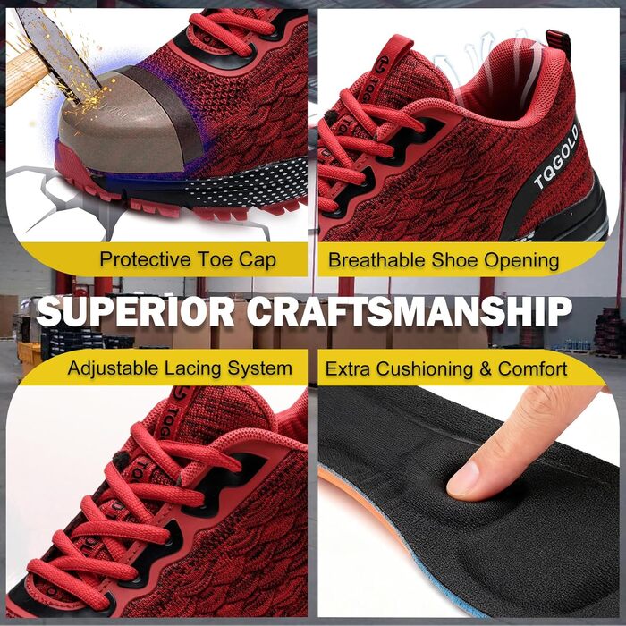 Черевики робочі AONEGOLD чоловічі/жіночі, спортивні, з металевим носком, антиковзаючі, дихаючі, розмір 36-48 EU, 43 EU, 8391, червоні