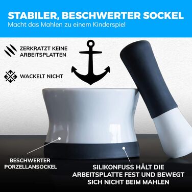 Набір для розмелювання EZ-Grip: ступка та пестик із силікону та порцеляни з неслизькою знімною основою. Новий дизайн, придатний для миття в посудомийній машині. Чорний, 15,25 см