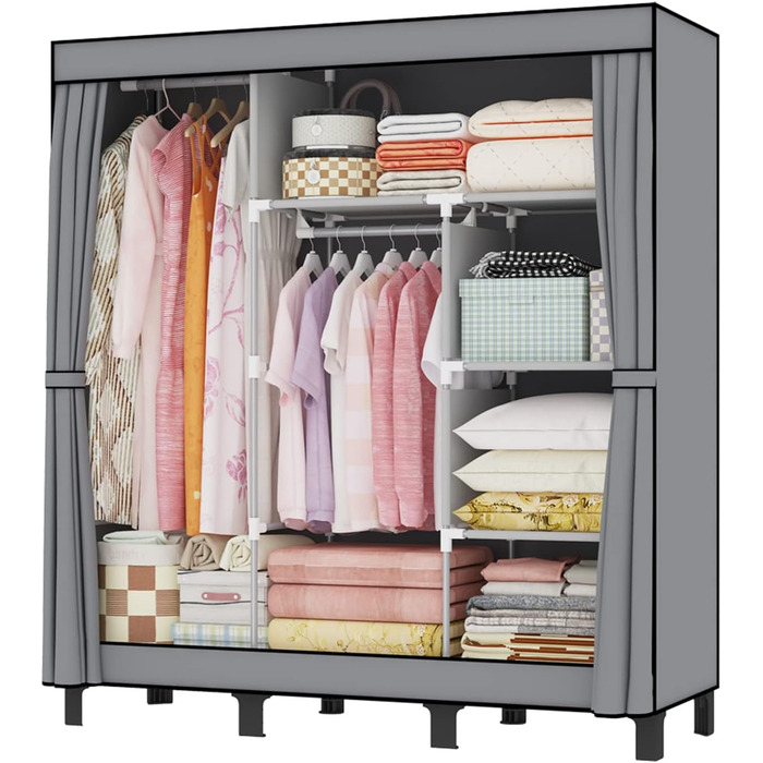 LOEFME Wardrobe, cloth wardrobe with 2 sturdy clothes rails, fabric clothes closet with shelves, open foldable clothes rack, storage for the bedroom, 172 x 130 x 45 cm (Grey)