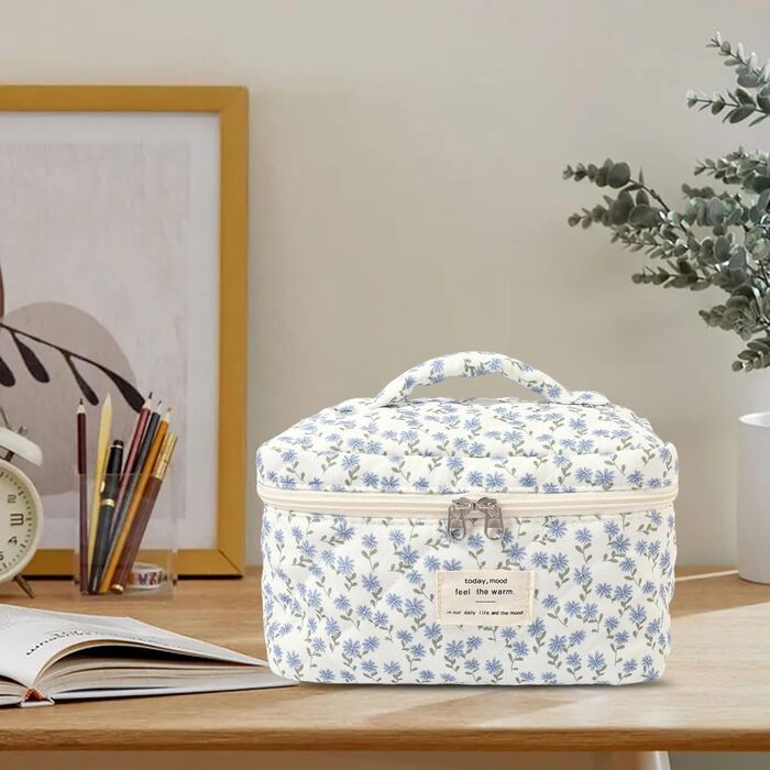 Косметичка для жінок, набір 3 шт. велика бавовняна косметичка для подорожей, органайзер для макіяжу, косметична сумочка з квітковим візерунком (блакитна павічева квітка)