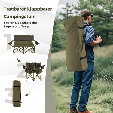 Крісло для кемпінгу на 2 особи Costway, розкладне, з регульованими підлокітниками, тримачами для напоїв та сумкою, вантажопідйомність 272 кг, для відпочинку, риболовлі, пікніків (зелене)
