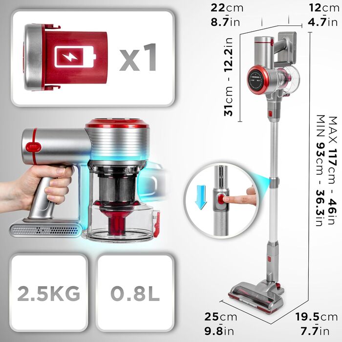 Duronic VC24: Бездротовий акумуляторний пилосос 220W з HEPA-фільтром, 3 швидкості, 50 хв роботи, без мішка