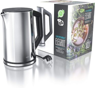 Arendo - Stainless Steel Kettle with Temperature Setting 40-100 Degrees in 5-Degree Increments - Double-Walled Design - Model ELEGANT - 1.5 Liter - 2200 W - Tea Kettle with Temperature Display - GS - Silver