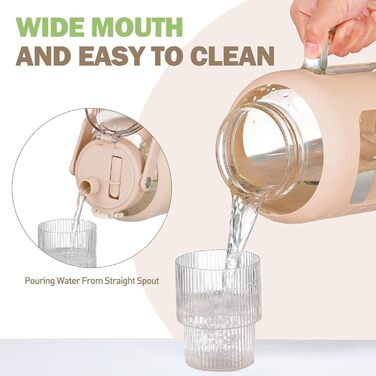 2 Liter Glass Water Bottle with Handle, 2L Glass Pitcher with Straw and Lid, Motivational Sports Water Jug with Time and Volume Markings, Leak-Proof, Light Green (Amber, 2000 ml)