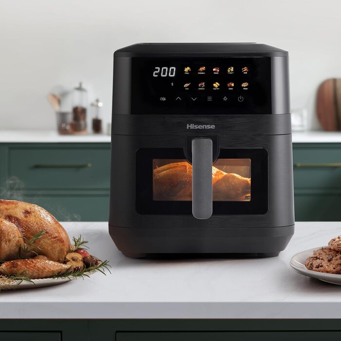 Фритюрниця без олії Hisense HAF2700DCD, 2700 Вт, 11 л, 8 програм, антипригарне покриття, дисплей, енергоефективна, SyncServe, чорна