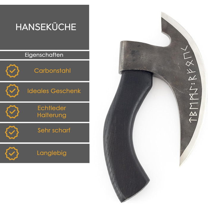 Піца-ніж Hanseküche у формі сокири з вікінзькими рунами та шкіряним чохлом – хвильовий ніж для піци й зелені, подарунок чоловікові