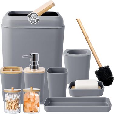 Набір аксесуарів для ванної кімнати, 9 предметів: сміттєвий бак, тримач для зубних щіток, стакан для зубних щіток, диспенсер для мила/лосьйону, полиця для раковини, мильниця, щітка для унітазу, тримач для ватних паличок (сірий, набір для ванної кімнати)