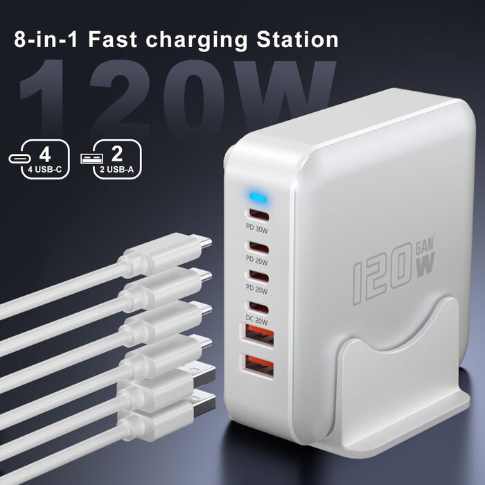 Швидкий зарядний пристрій USB-C GaN Hub 120W, 6 портів для iPad, iPhone 17/16/15/14/13/12 Pro Max, Samsung Galaxy S23 - Білий