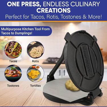 StarBlue Cast Iron Tortilla Press - 10 Inch with 100 Oil Sheets & Recipe eBook - Chapati, Roti, Tortilla Maker