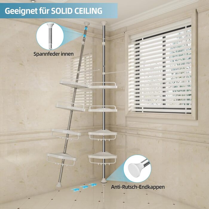 GOOPOOL Adjustable Height Shower Caddy, No Drilling Required, Rustproof Corner Shelf, Bathroom Organizer, Bathroom Storage Shelf with 4 Baskets and 1 Towel Holder for Bathtub and Bathroom, 70-320M White
