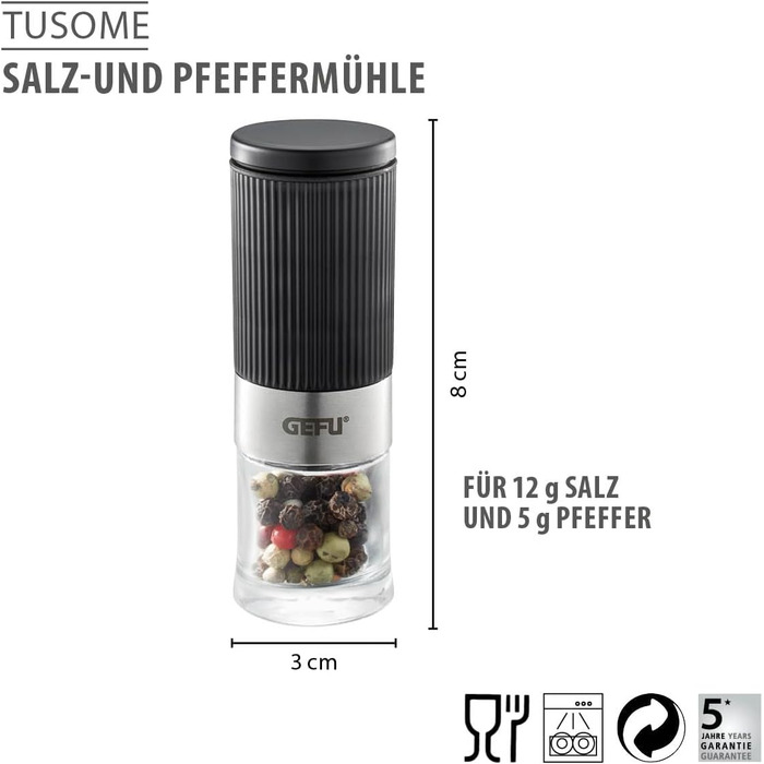Набір мельниць для солі та перцю GEFU TUSOME, 2 шт. – міні мельниці з регульованим керамічним механізмом та кришками для аромату. Включає набір для сервірування столу |