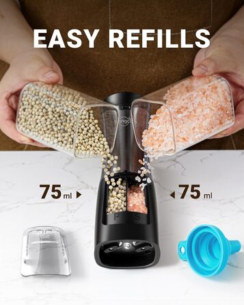 Sangcon 2-in-1 Salt and Pepper Grinder Electric, USB Rechargeable Pepper Grinder, Automatic One-Hand Operation, Spice Grinder with Light, Adjustable Ceramic Grinding Mechanisms (Metallic Gunmetal)