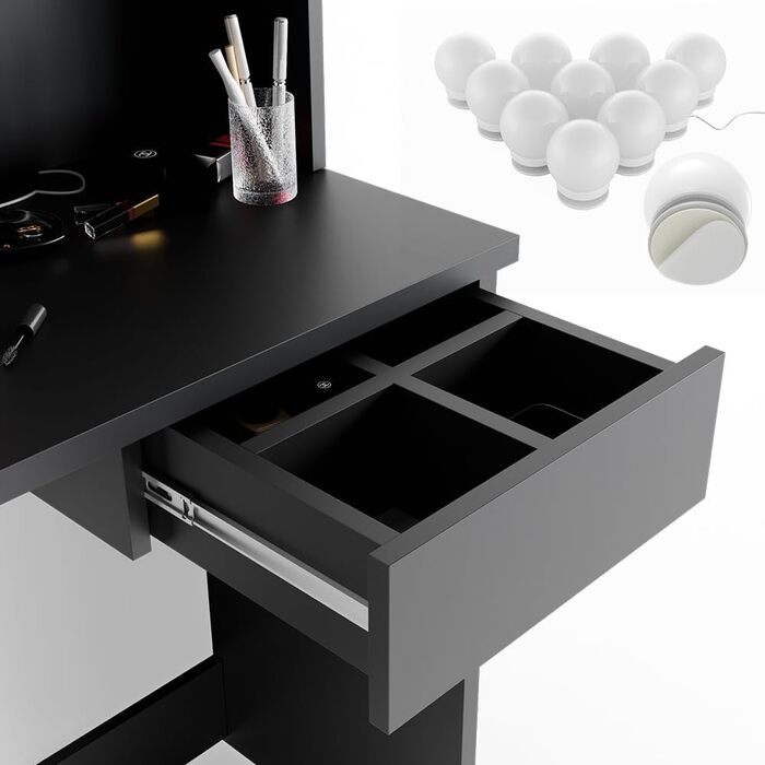 Vicco Vanity Table Decor, Black, 75 cm with LED Lighting and Stool