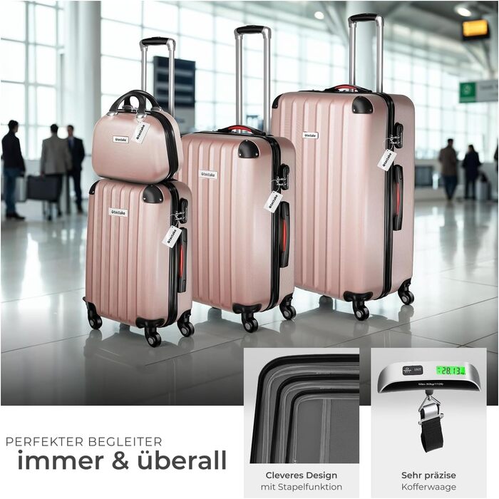 Набір валіз Tectake® (4 шт.) з ваговою та ідентифікатором, 360° колеса, жорсткий корпус із замком, велика валіза, вкладна, ручна, рожеве золото
