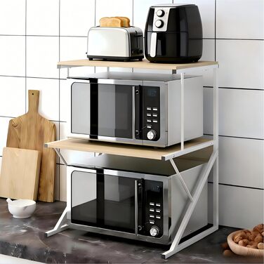Поличка для мікрохвильової печі, кухонна поличка на стільницю, органайзер для мікрохвильової печі, тостера та аерофритюрниці, багатофункціональна кухонна поличка для оптимізації простору (дуб/3 яруси) (волоський горіх/3 рівні)