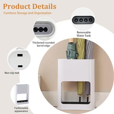 Підставка для парасольки з знімною підставкою для збору води, пластикова підставка для довгих та коротких парасольок, полиця для зберігання в приміщенні (біла)