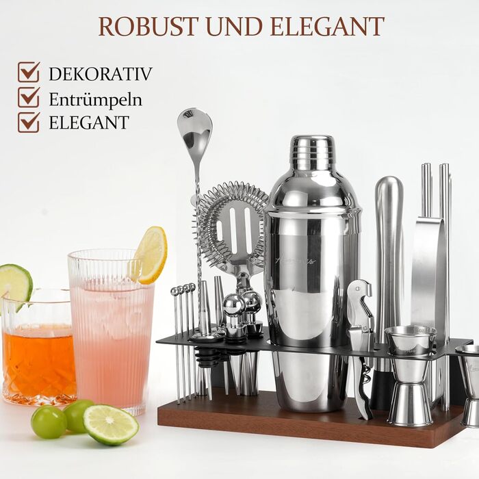 Набір бармена 23 предмети: шейкер, сито, ложка, мадлер, барні інструменти для дому, бару, вечірки (колір: коричневий)