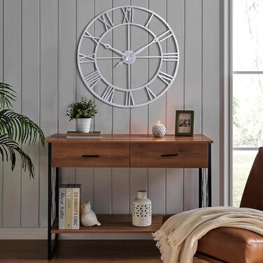 Samilito Large Wall Clock in Vintage Style, Round, Silent, Silver. Includes a FREE extra set of black clock hands. Metal clock for Loft, Living Room, Bedroom, and Kitchen decoration (Silver, 76 cm)