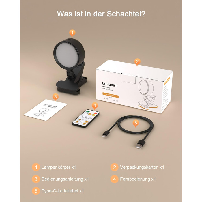 Нічник на ліжко акумуляторний бездротовий з USB-C, 5000mAh, з кліпсою, димуючий сенсорний пульт, 3 кольори, поворотний на 360°, для спальні, кемпінгу, чорний