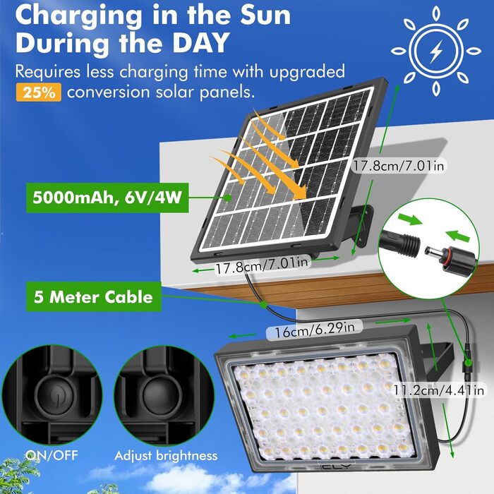 CLY Solar Spotlight Outdoor with Remote Control 30W 2600LM Solar Spotlight 2700K 4000K 6000K 2 Brightness Solar Lamps for Outdoor 2 Dynamic Modes Timing Function 5000mAh Solar Outdoor Light IP66 Waterproof