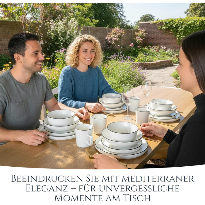 Набір посуду з порцеляни Pure Living на 6 осіб (24 шт.) з чорним контуром, білий, Tafelservice, TESTSIEGER