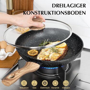 Сковорода з антипригарним покриттям Michelangelo з кришкою 28 см, глибока сковорода для смаження та тушкування, чорна, підходить для індукційних плит