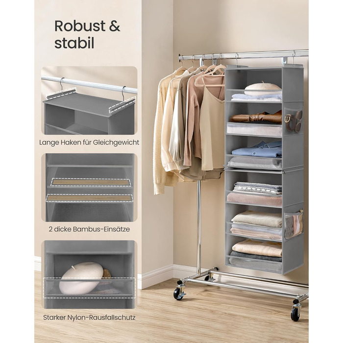 Органайзер для шафи SONGMICS: роздільник, полиця-вішалка, розкладний, економія місця, металеві гачки, бамбукові вставки, білий, сірий
