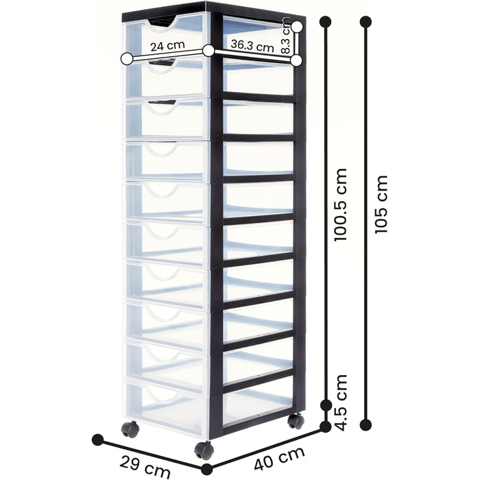 Iris Ohyama Plastic Drawer Box with Wheels, 10 Flat Drawers, Black, Pull Handles, For Bedroom, School & Office, BPA-Free, Drawer Cabinet, Rolling Container, A4 Drawer, DDDC-010