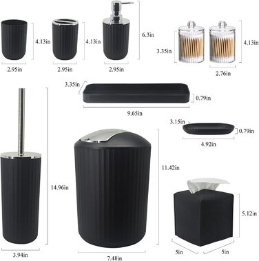 Набір аксесуарів для ванної кімнати, 10 предметів: сміттєвий бак, тримач для зубних щіток, мильниця, дозатор мила, тримач для унітазного йоржика, контейнер для ватних паличок, кришка для серветок (чорний)