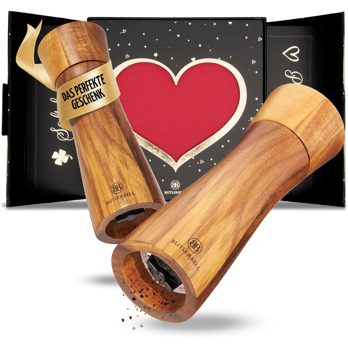 BUTLERBELL® Salt and Pepper Mill Wood in Luxury Gift Box with Heart - ideal as a Wedding Gift | Wedding Gifts | Wedding Gifts for Bride and Groom | Housewarming Gift (Angel)