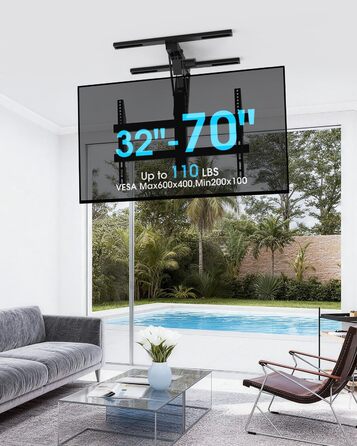 Електричний кронштейн для телевізора на стелю 32-70 дюймів, для плоских та вигнутих TV, чорний, VESA 600x400 мм, з пультом ДУ