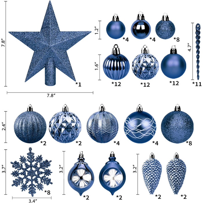 100 шт. прикраси для ялинки: кулі, верхівка, чорний колір, розбиваємі, підвісні, блакитний колір