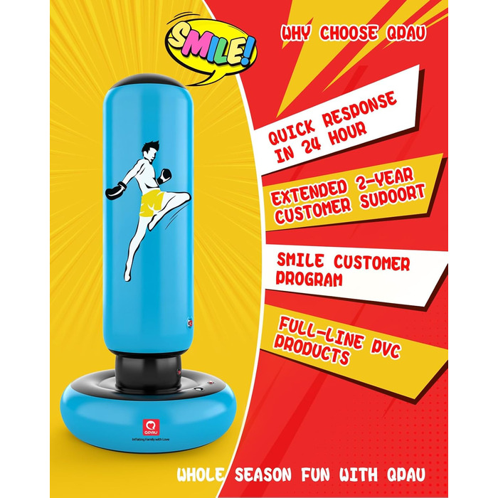 Дитячий боксерський мішок QPAU з рукавичками, надувний, 168 см, для хлопчиків та дівчаток 6-12 років, блакитний