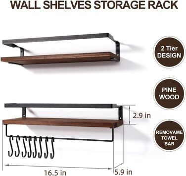 Настінна полиця з дерева, 2 шт. у комплекті, світло-коричнева, для спальні, вітальні, ванної кімнати, кухні, офісу (ретро-кавовий колір)
