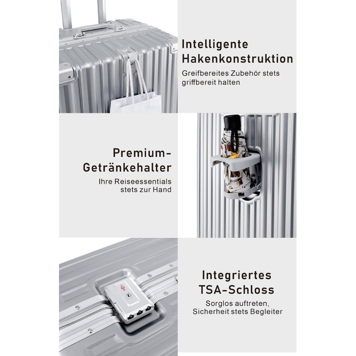 Валіза Aoliwei середнього розміру M (67 см) з алюмінієвим каркасом, полікарбонат, 65Л, з підстаканником та TSA-замком, срібляста