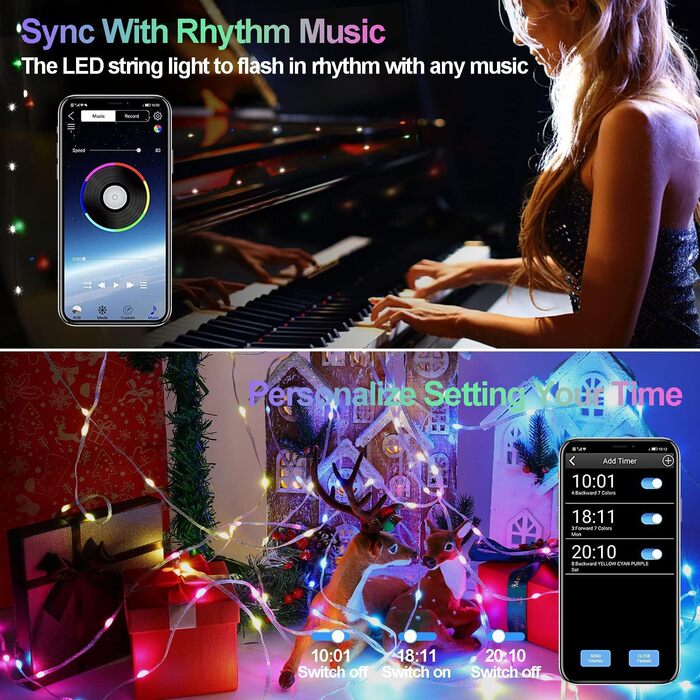 CLYCTIP Льо́мко́ва гірлянда́ для зовнішнього використання, IP65 Водостійка, кольорова з таймером, пультом дистанційного керування, синхронізацією музики, керуванням через додаток, 210 режимів, USB, 10м, 100 LED для Хелловіну, Різдва, вечірок, саду, балкон